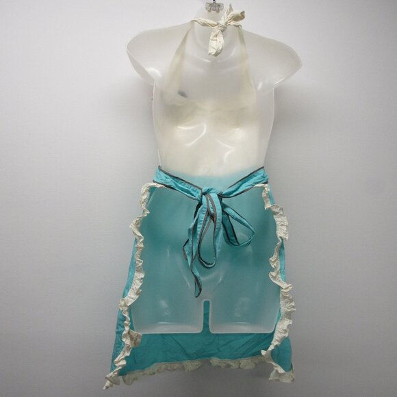 Anthropologie Tea & Crumpets Turquoise White Hostess Halter Apron Ruched - Picture 3 of 4